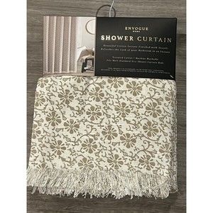 New Envogue Home Fabric Shower Curtain Textured Cotton Brown Floral Print Fringe